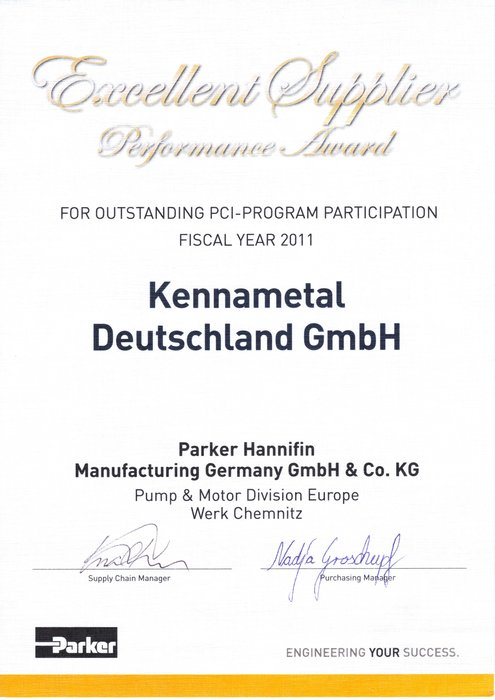 Kennametal riceve il Premio Excellent Supplier Performance da Parker Hannifin